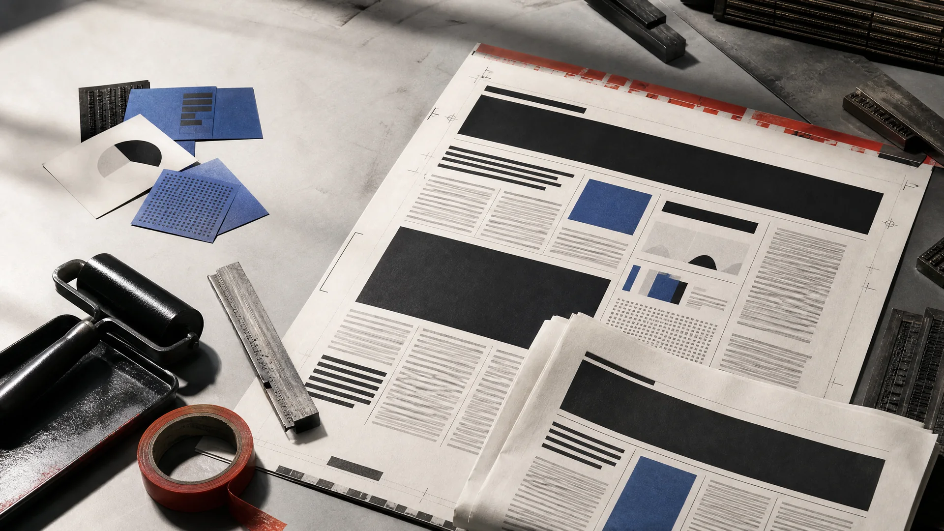 Investigative data newspaper being assembled on an evidence desk