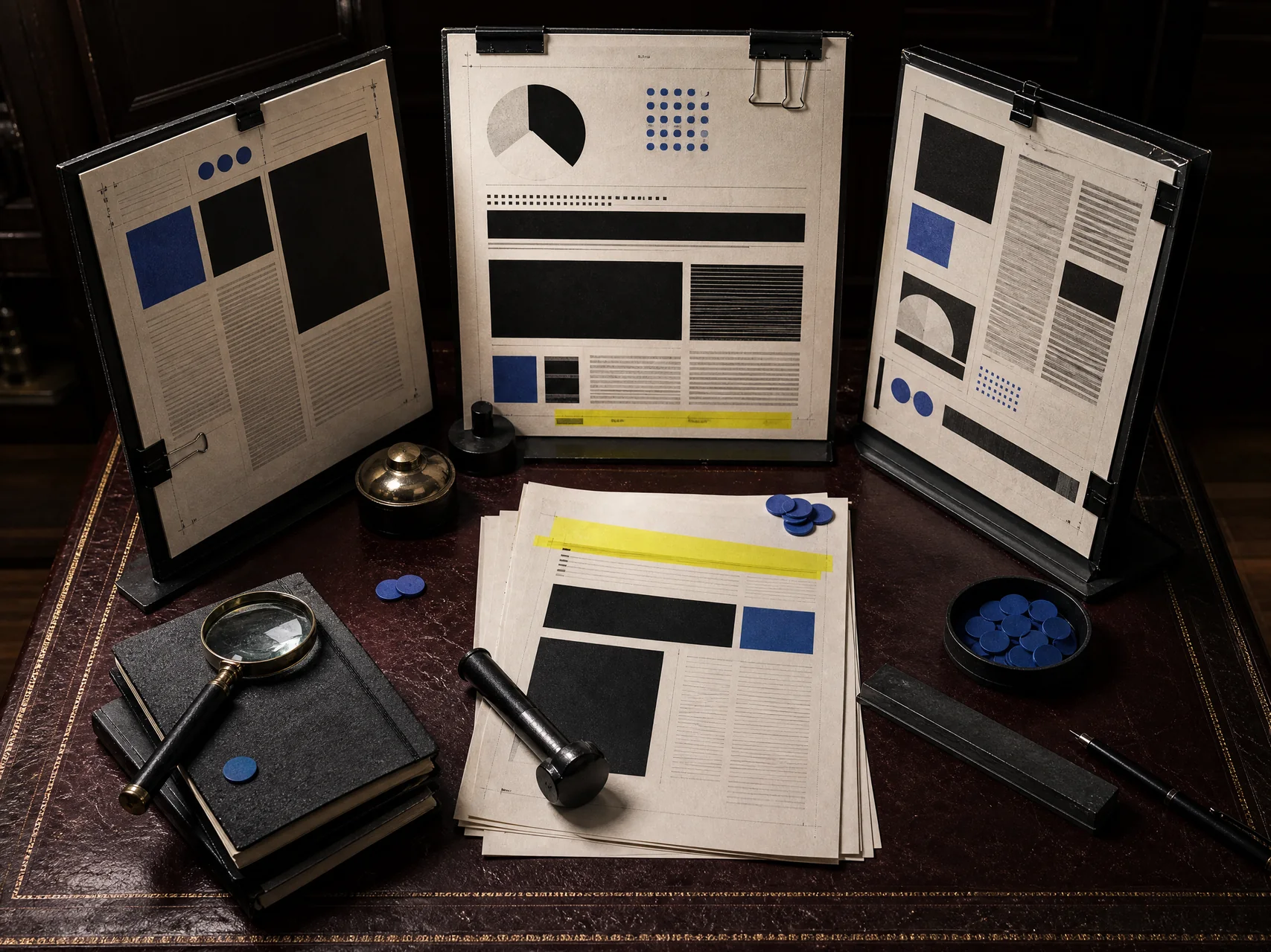 Physical metric definition cards in an editorial hearing